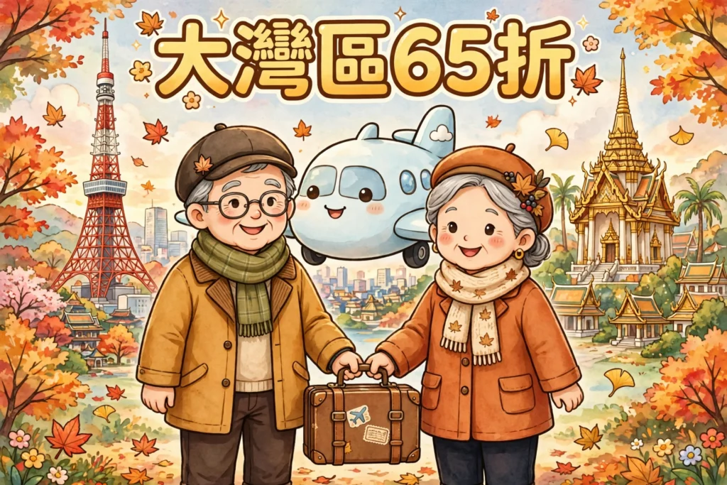 大灣區65折,開心嘅老友記夫婦拖住行李箱準備出發