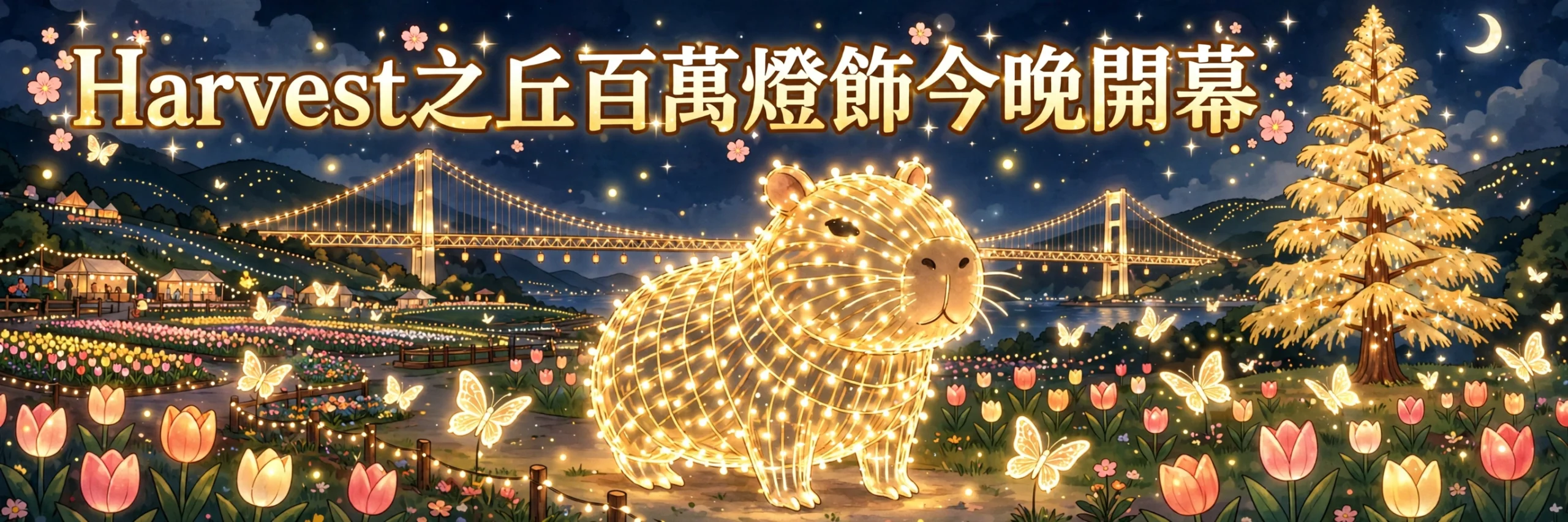 🦫 大阪堺 Harvest 之丘百萬燈飾今晚點亮！發光水豚＋130 米光之吊橋，玩到 2027 年 2 月！