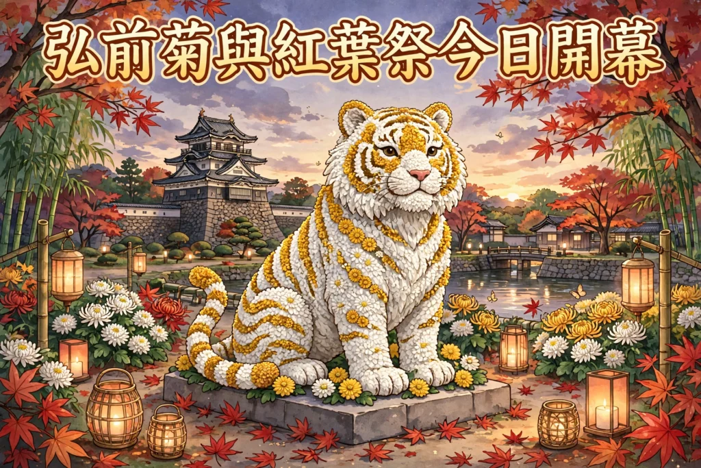 弘前城菊與紅葉祭,金秋白虎花藝同弘前城