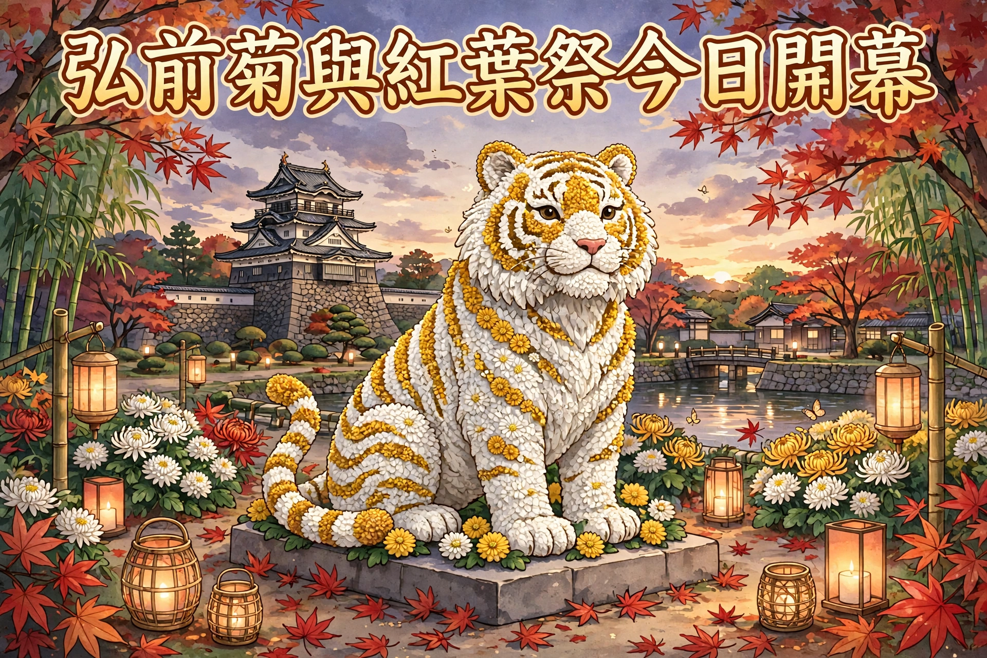 🐯 青森弘前城菊與紅葉祭今日開幕！金秋白虎花藝＋夜間竹燈，只得 10 日！