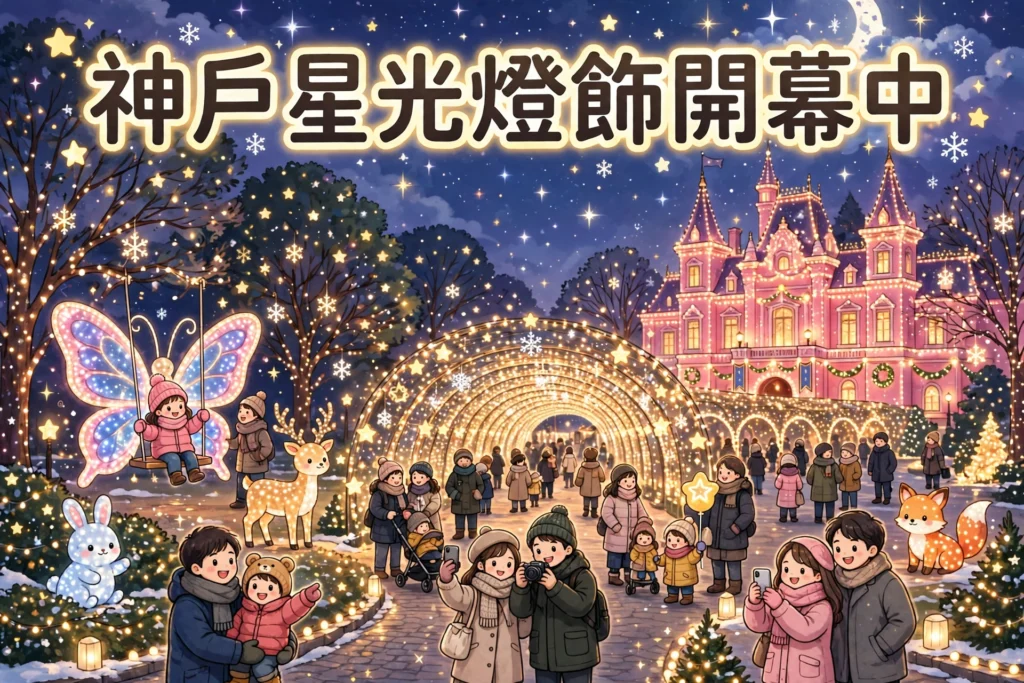 神戶星光燈飾,蝴蝶鞦韆、燈光隧道同粉紅宮殿