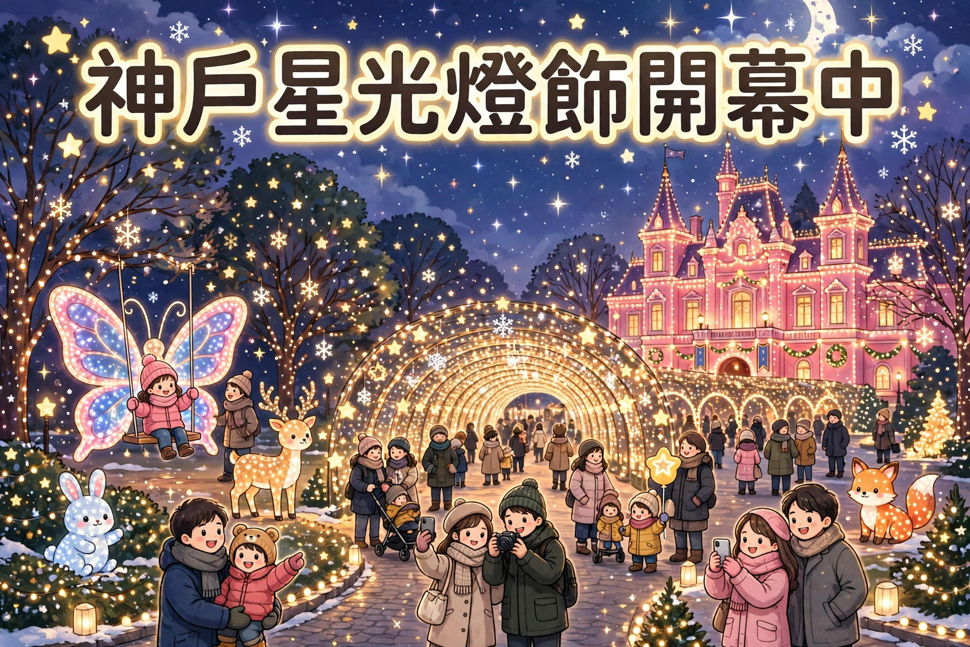 ✨ 神戶星光燈飾開幕中！蝴蝶鞦韆＋30米燈光隧道，成人¥2,000玩到2027年2月！