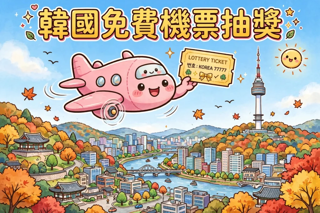 韓國免費機票抽獎,粉紅色飛機攞住金色抽獎券飛過首爾