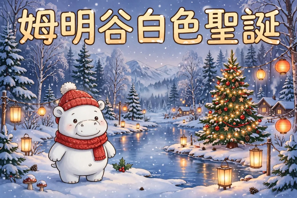 姆明谷白色聖誕,戴紅帽紅頸巾嘅白色河馬角色同聖誕樹