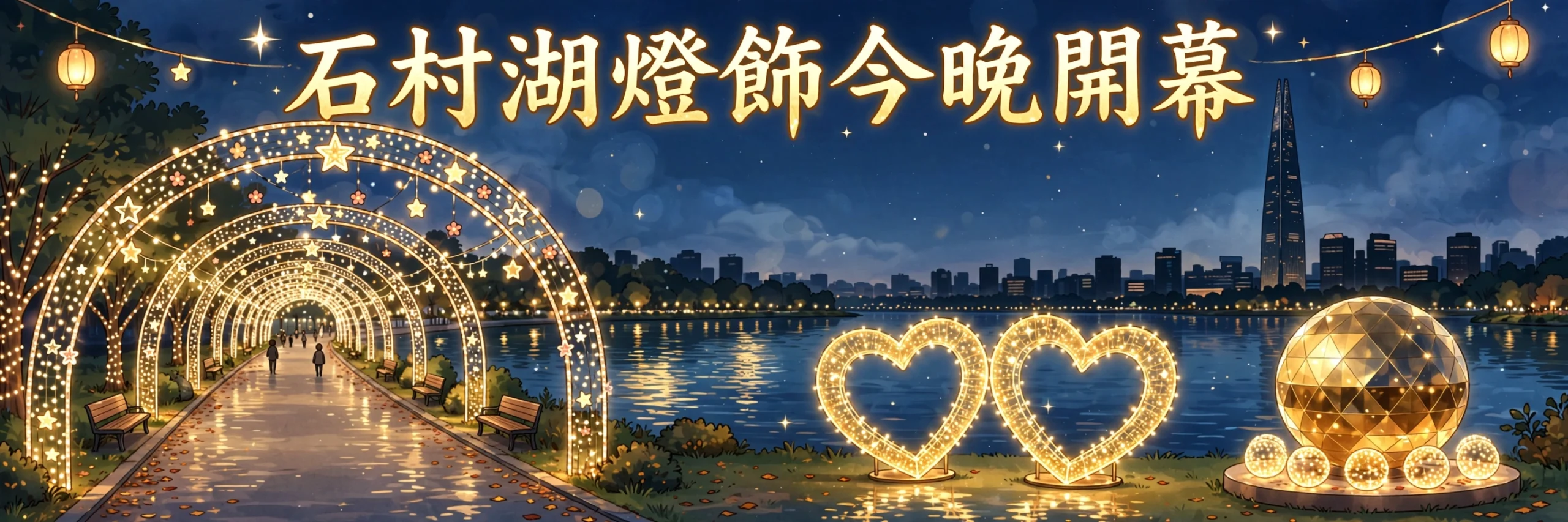 💛 首爾石村湖燈飾今晚開幕！金色愛心＋2.5公里湖畔燈海，免費睇到2027年2月！