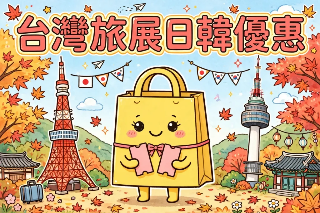 台灣旅展日韓優惠，黃色購物袋攞住空白優惠券，東京鐵塔同首爾塔之間