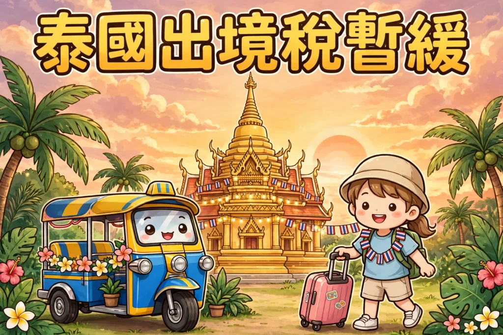 泰國出境稅暫緩,金色佛塔、嘟嘟車同拖住行李箱嘅旅客